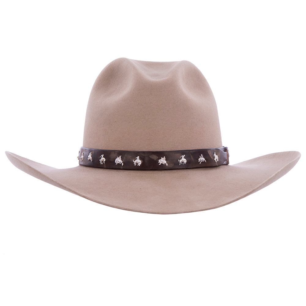 BROWN WEATHERED LEATHER HAT PIN SLINGSHOT HAT BAND WITH BRONC PINS