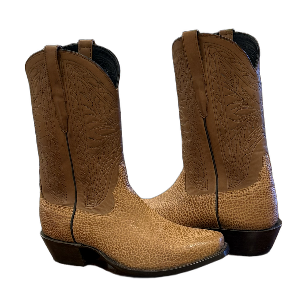 Men's 12-2 Tan Pebbled Bison Tan Cow Hide Spider Spur Lip Cowboy Boot
