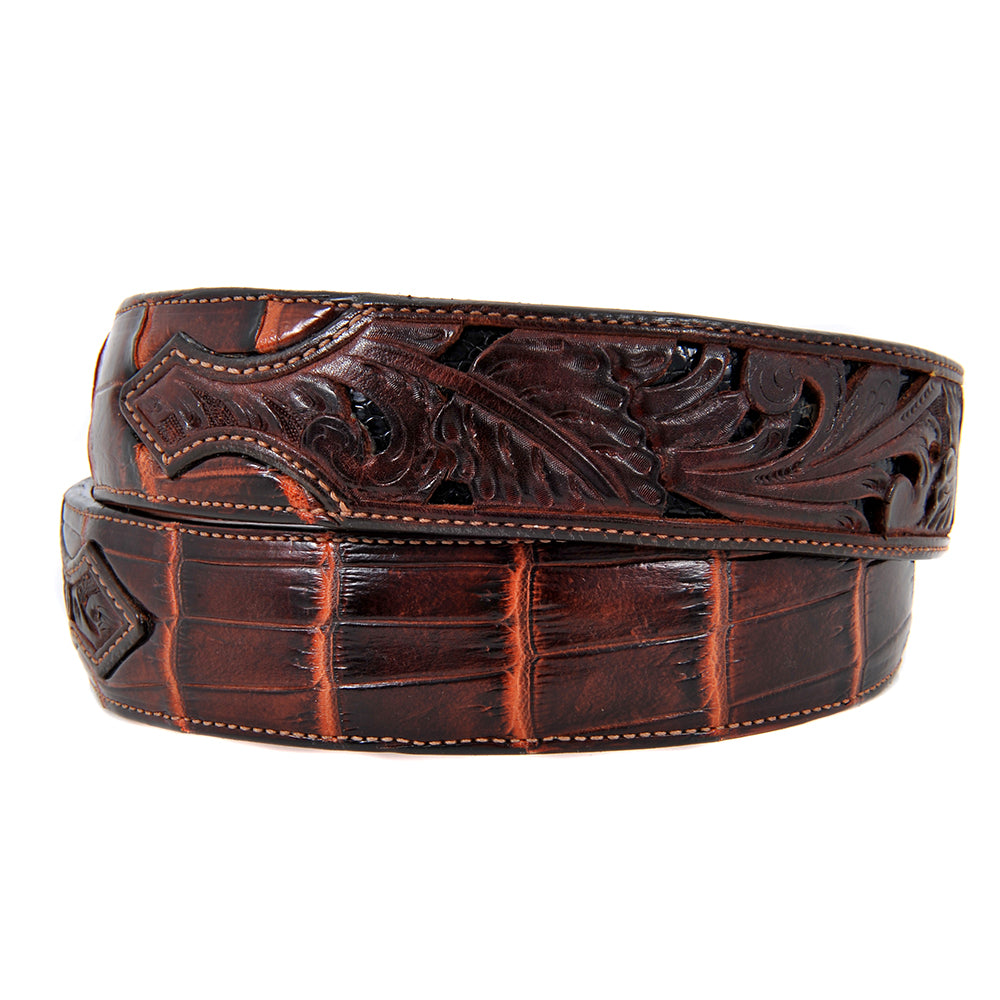 1 1/2" Chestnut Brown Alligator with Tooled Billets Belt