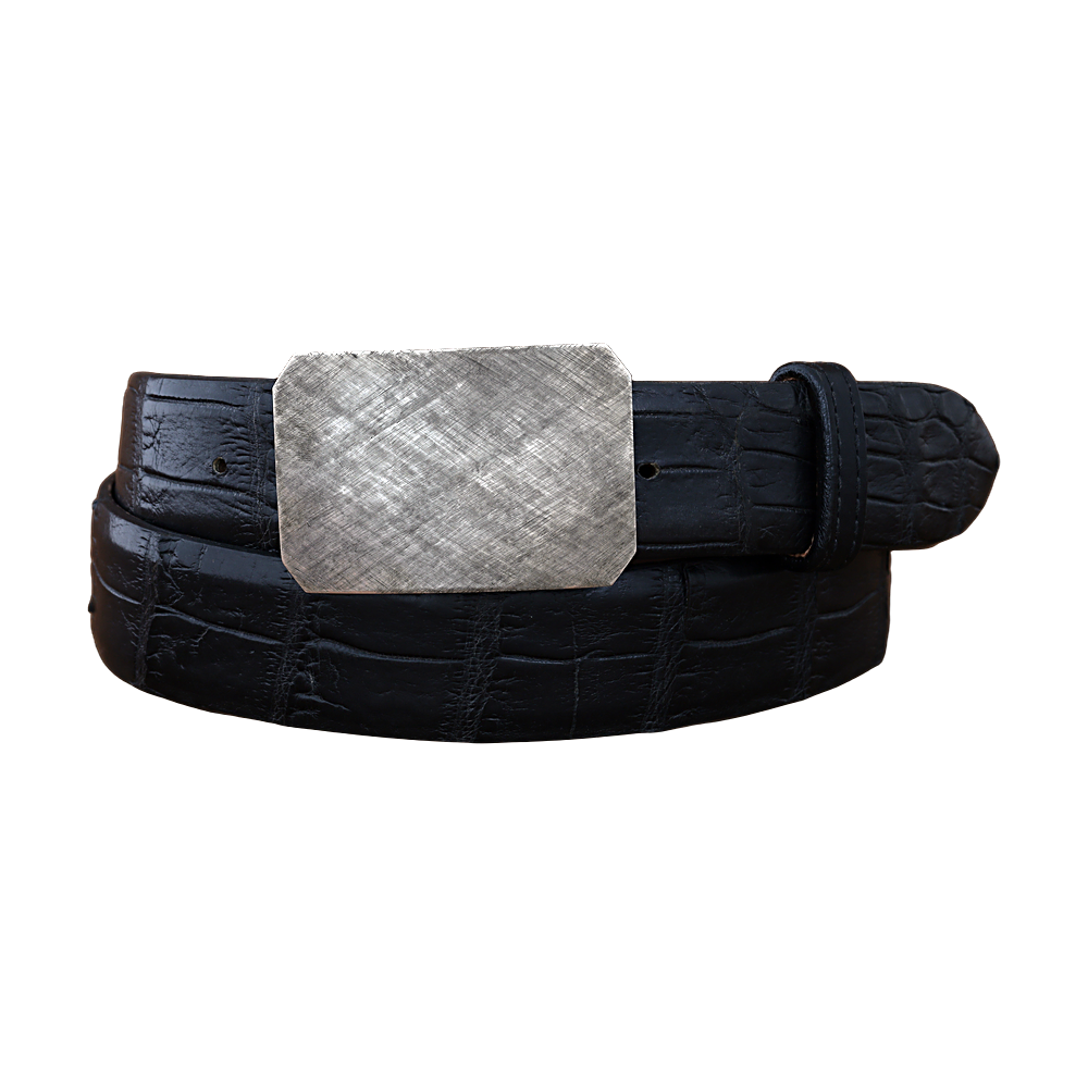 A solid sterling silver plain crosshatch mesa style trophy buckle, with texturing and a matte surface displayed on a black alligator belt. 