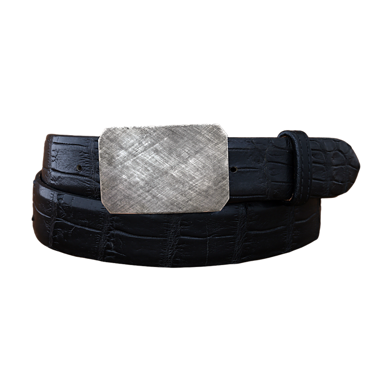A solid sterling silver plain crosshatch mesa style trophy buckle, with texturing and a matte surface displayed on a black alligator belt. 