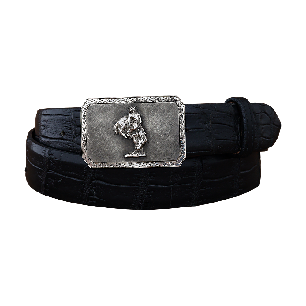 Sterling silver Mesa buckle with Outlaw bronc figure and saw tooth border on a black alligator belt
