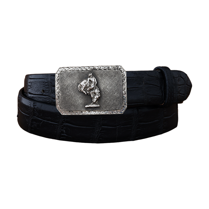 Sterling silver Mesa buckle with Outlaw bronc figure and saw tooth border on a black alligator belt