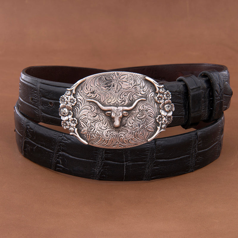 Oval Floral Bull Western Buckle