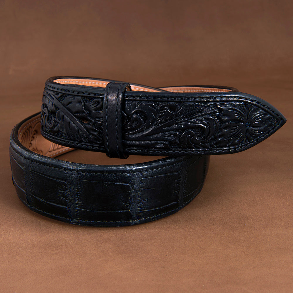 1 1/2" American Alligator Black Belt With Black Hand Tooled Billets