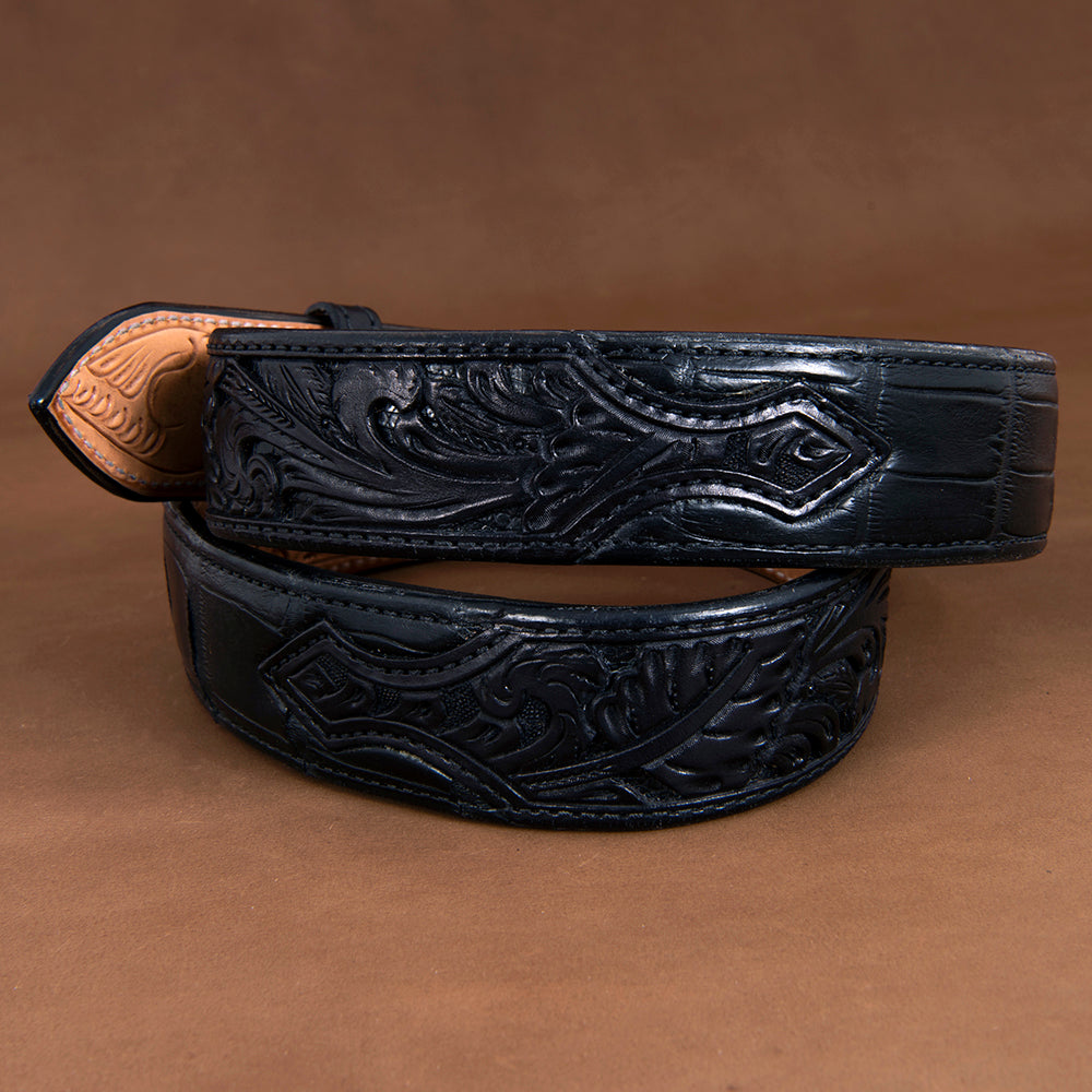 1 1/2" American Alligator Black Belt With Black Hand Tooled Billets