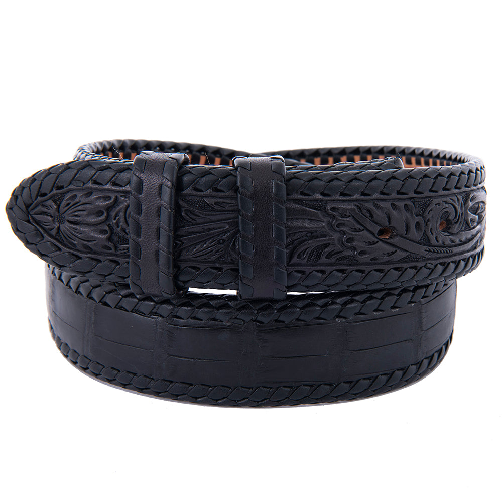 1 1/2" Black American Alligator Belt With Black Lacing & Filigree Billets