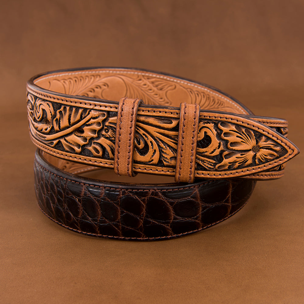 1 1/2" American Alligator Chocolate Belt With Antique Brown Billets