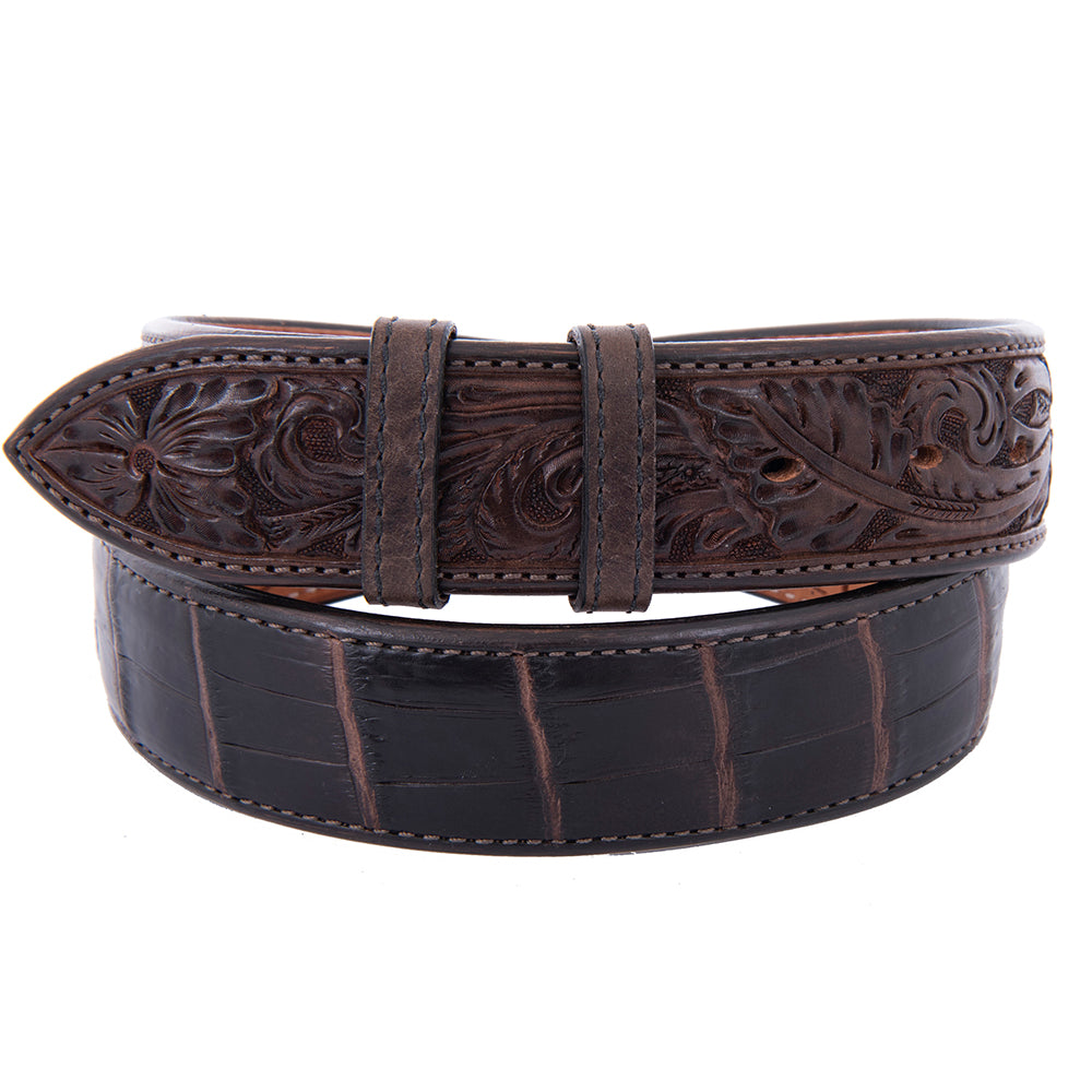 1 1/2" Chocolate Alligator Belt With Chocolate Hand Tooled Billets