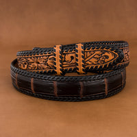 Chocolate Alligator Belt with Antique Brown Filigree Billets & Black Lace