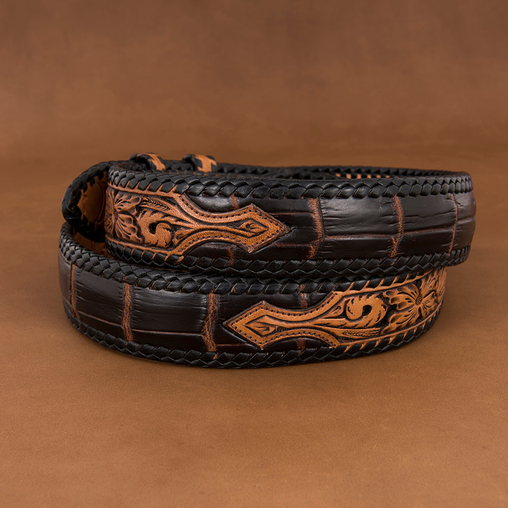 Chocolate Alligator Belt with Antique Brown Filigree Billets & Black Lace