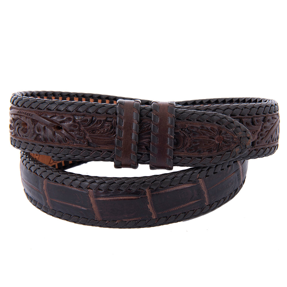 1 1/2" American Alligator Chocolate Belt With Chocolate Filigree Billet & Lacing