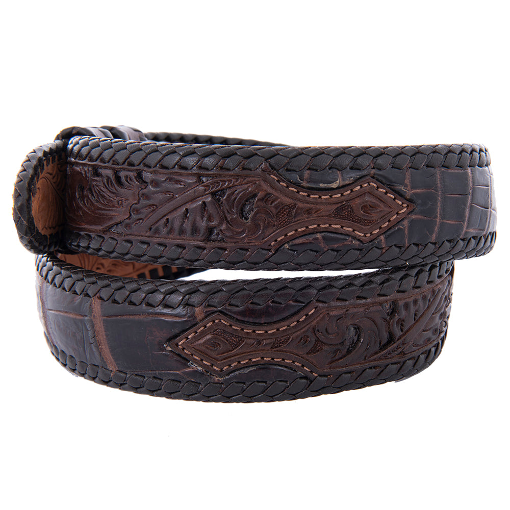 1 1/2" American Alligator Chocolate Belt With Chocolate Filigree Billet & Lacing