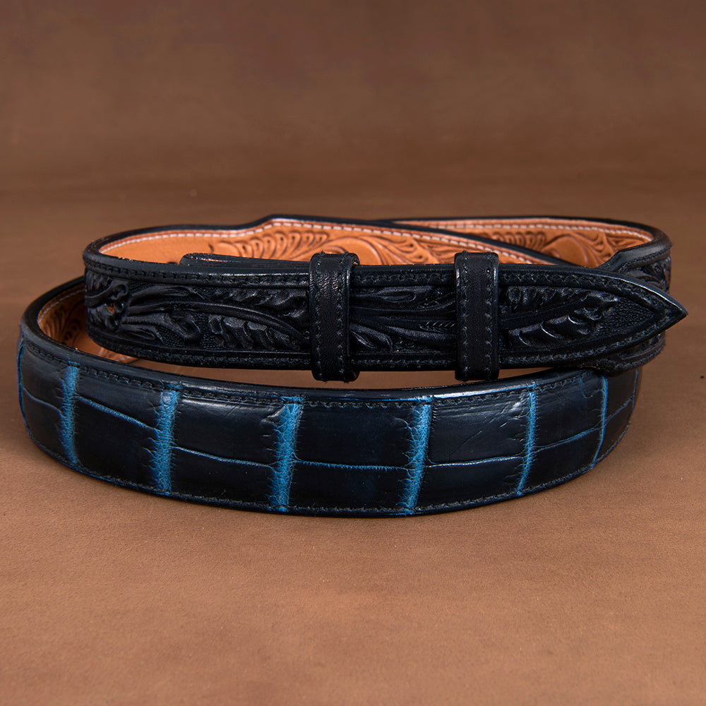 Tapered Two-Tone Navy Alligator Belt with Black Filigree Billets