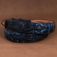 Tapered Two-Tone Navy Alligator Belt with Black Filigree Billets