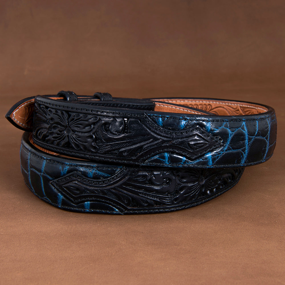 Tapered Two-Tone Navy Alligator Belt with Black Filigree Billets