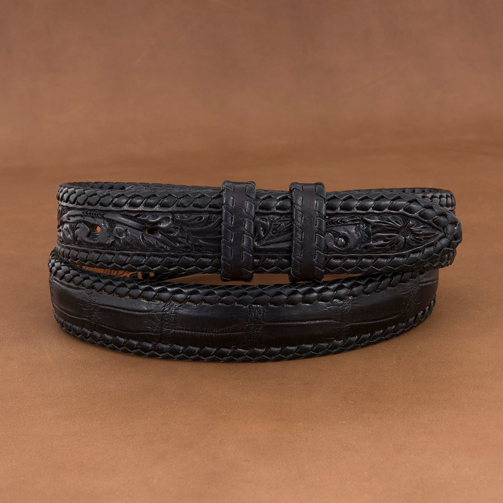 1 1/4" Black American Alligator Hand Tooled Lace Belt