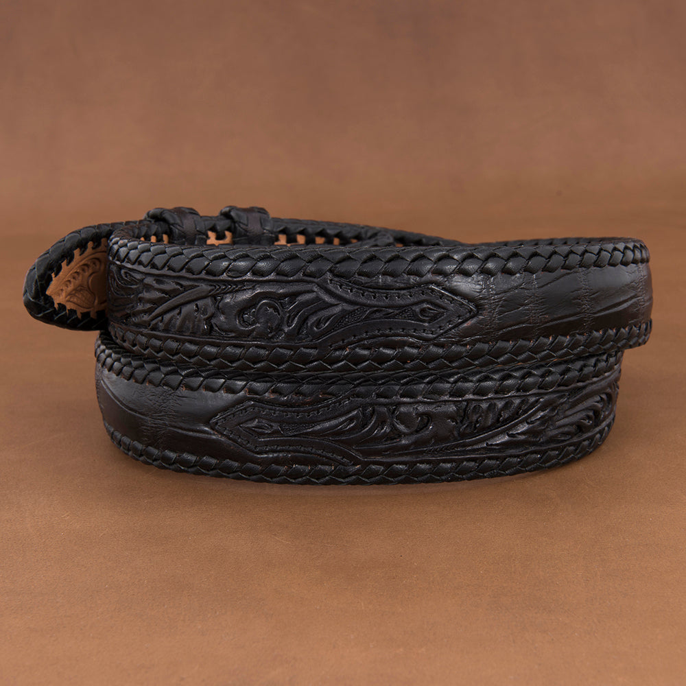 1 1/4" Black American Alligator Hand Tooled Lace Belt