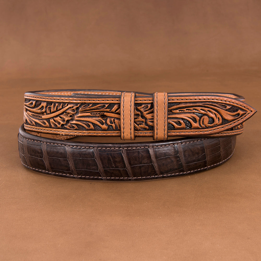 1 1/4" Chocolate Caiman Belt with Antique Brown Billets