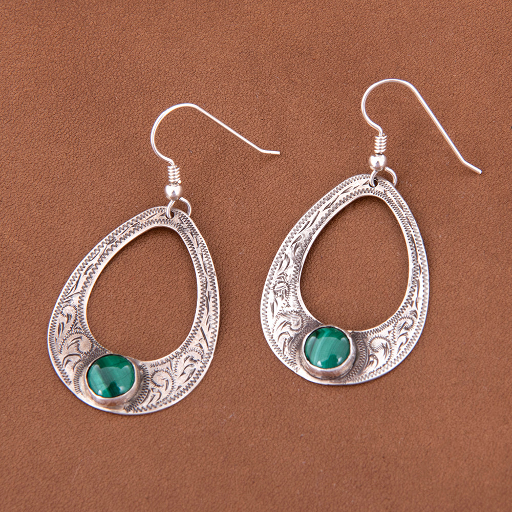 Small Western Engraved Pear Earrings with Malachite