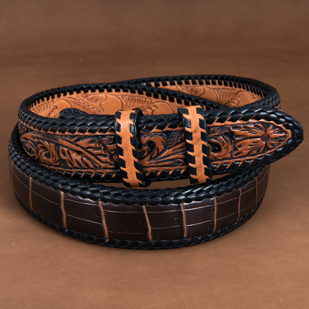 1 1/4" Chocolate American Alligator Belt with Antique Brown Filigree Billets & Chocolate Lacing