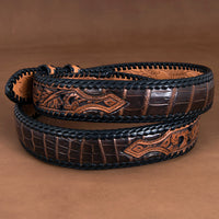 1 1/4" Chocolate American Alligator Belt with Antique Brown Filigree Billets & Chocolate Lacing