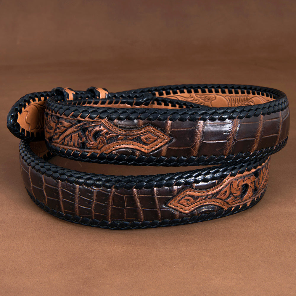1 1/4" Chocolate American Alligator Belt with Antique Brown Filigree Billets & Chocolate Lacing