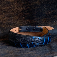 Tapered Two-Tone Navy Alligator Belt with Black Filigree Billets