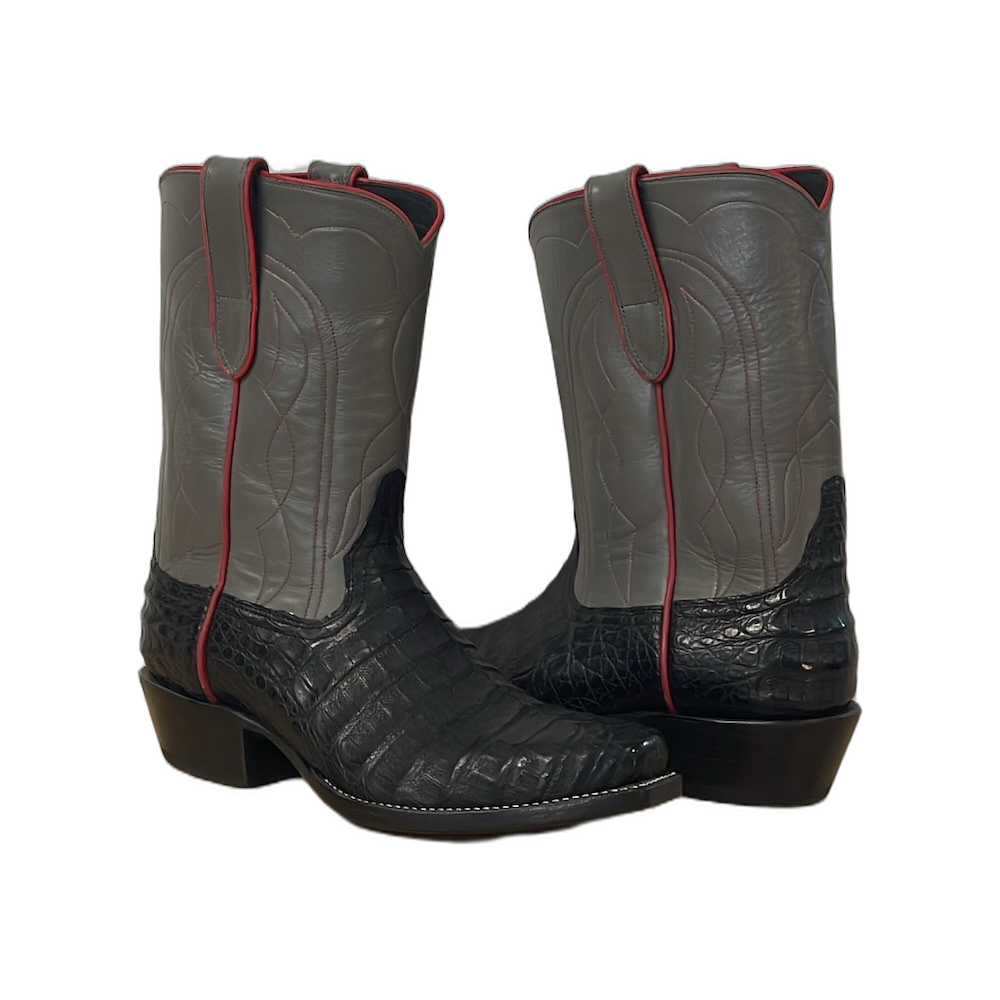 Men's 10-1 Black Caiman Belly Charcoal Red MT Top Stitch Cowboy Boot