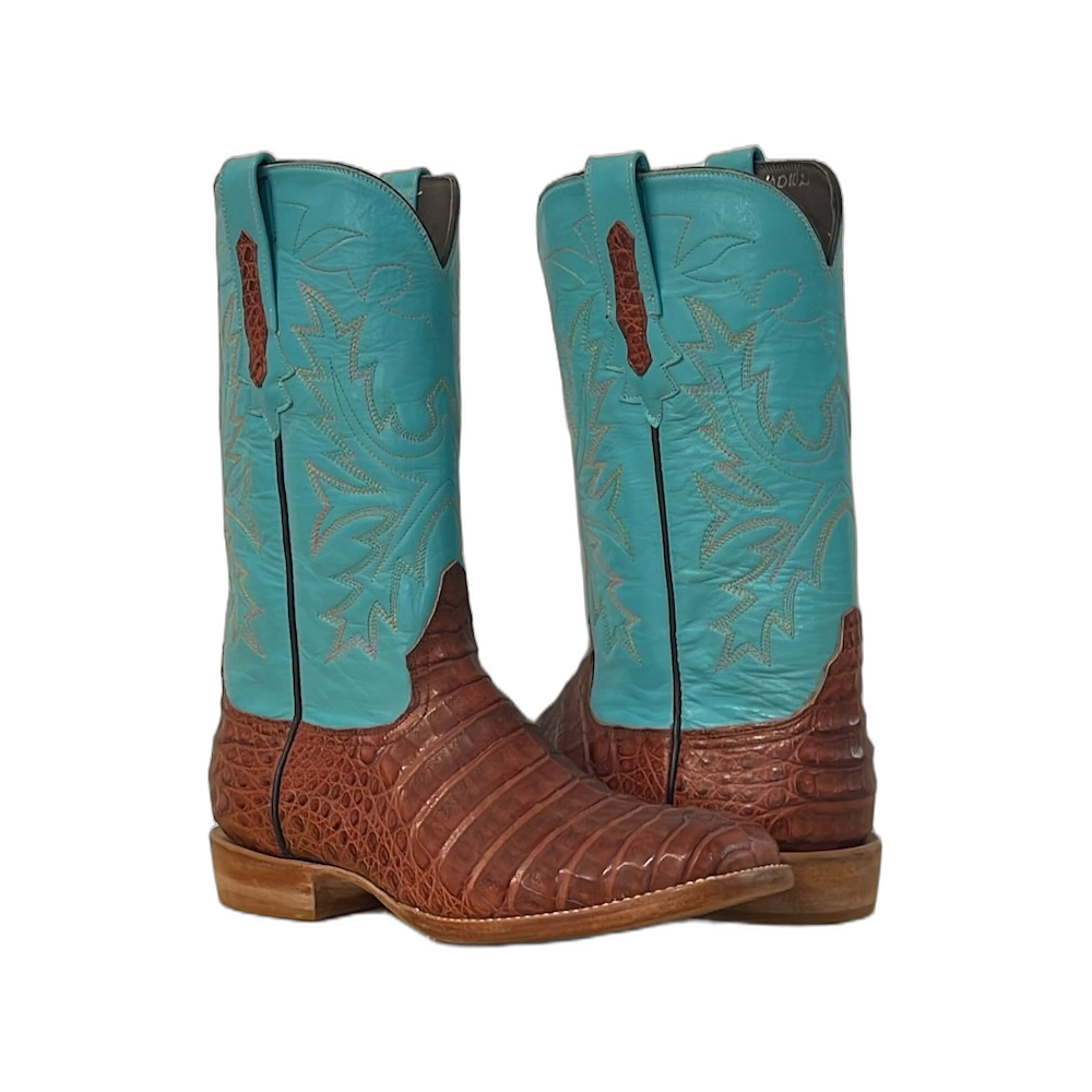 Men's 12-2 Raisin Caiman Emerald Blue Kidskin Fern Cowboy Boot