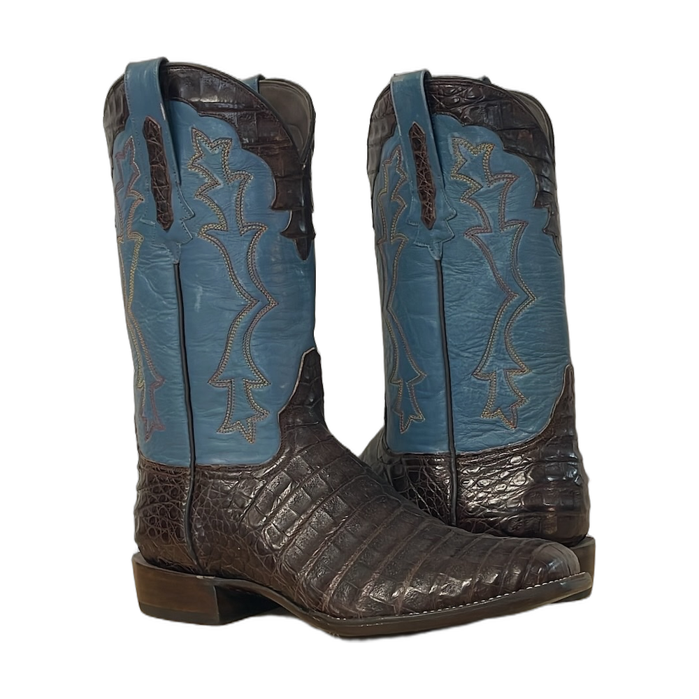 Men's Brown Belly Caiman Blue Kidskin GP Stitched Cowboy Boot