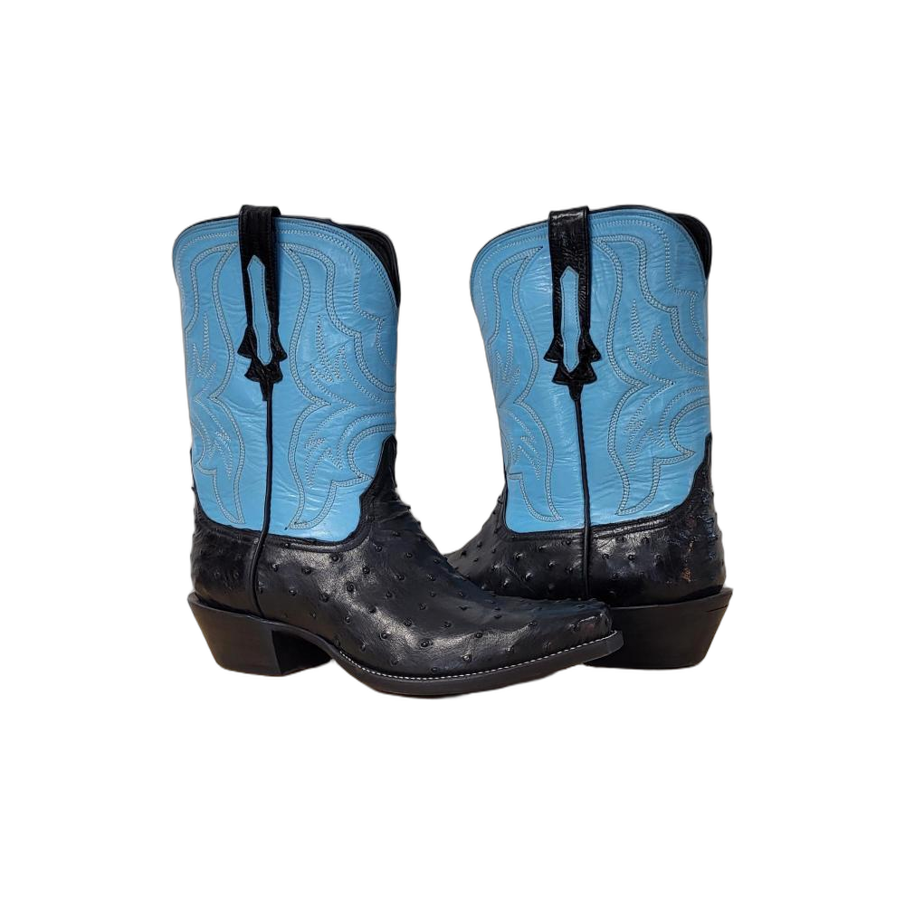 Men's 10-2 Black Ostrich Blue Kidskin Cowboy Boot