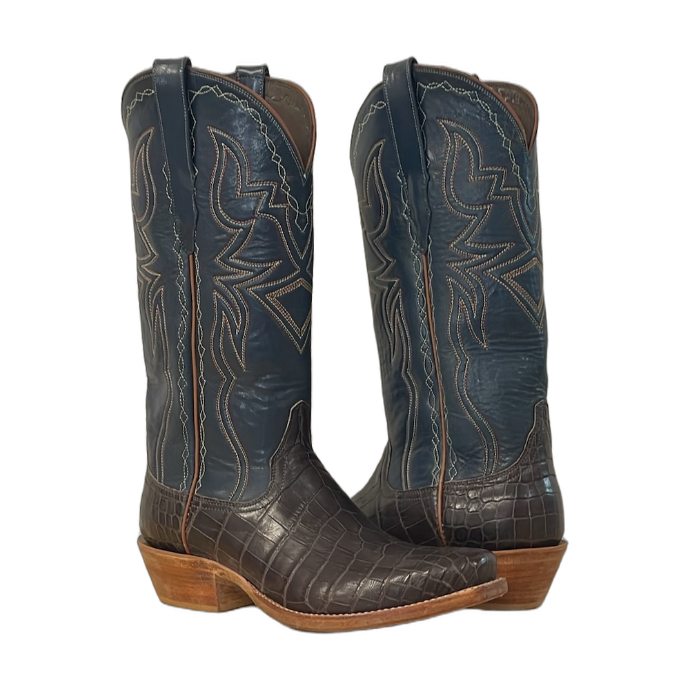 Men's Chocolate Nile Blue Kidskin Neon Stitched Cowboy Boot