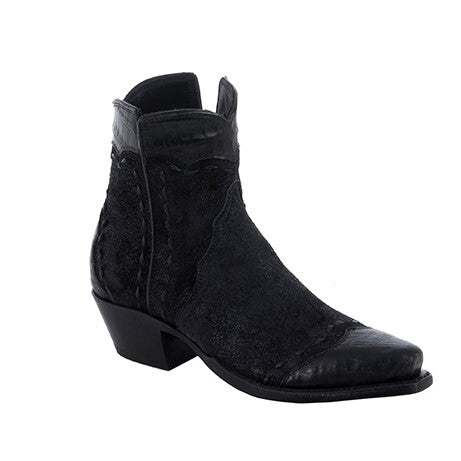 Ladies Short Black Break Black Caiman Wingtip, Heel Fox, Collar Full Black Buckstitch Cowboy Boot
