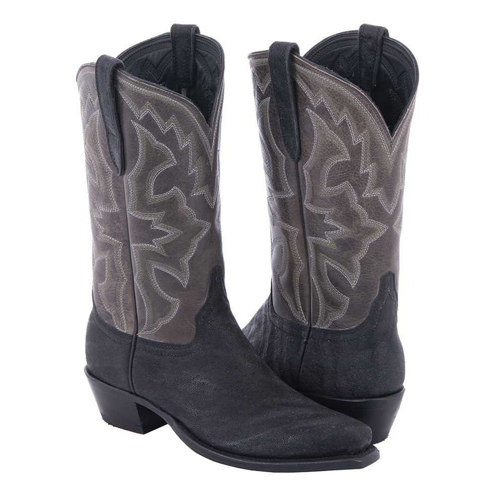 Ladies 12" Black Elephant Grey Bison Green Stitch Cowboy Boot