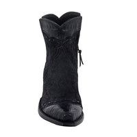 Ladies Short Black Break Black Caiman Wingtip, Heel Fox, Collar Full Black Buckstitch Cowboy Boot