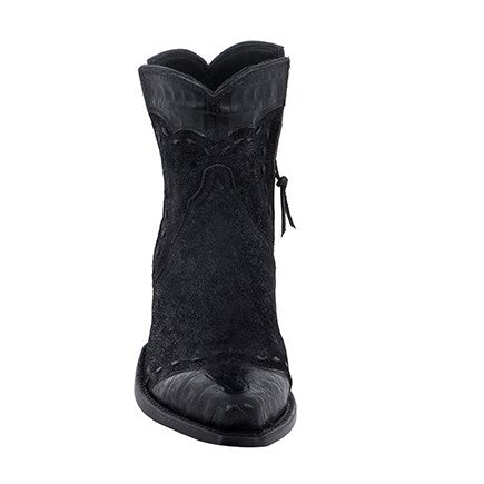 Ladies Short Black Break Black Caiman Wingtip, Heel Fox, Collar Full Black Buckstitch Cowboy Boot
