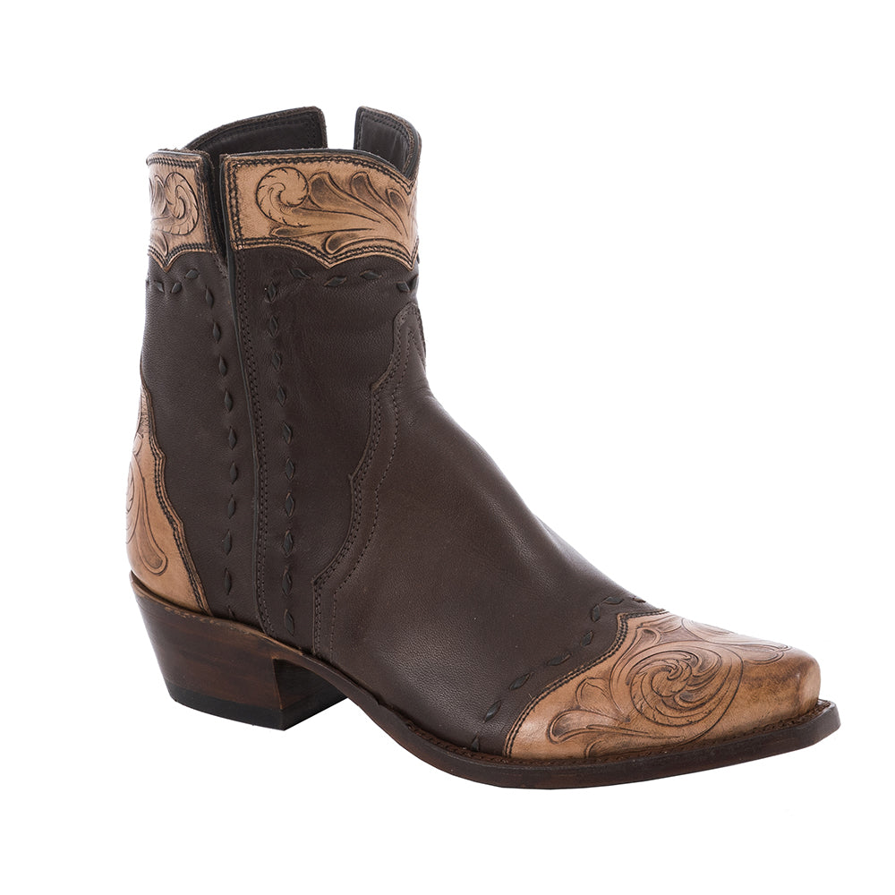 Ladies Shorty Brown Aniline Tooled Wingtip, Half Collar Full Brown Buckstitch