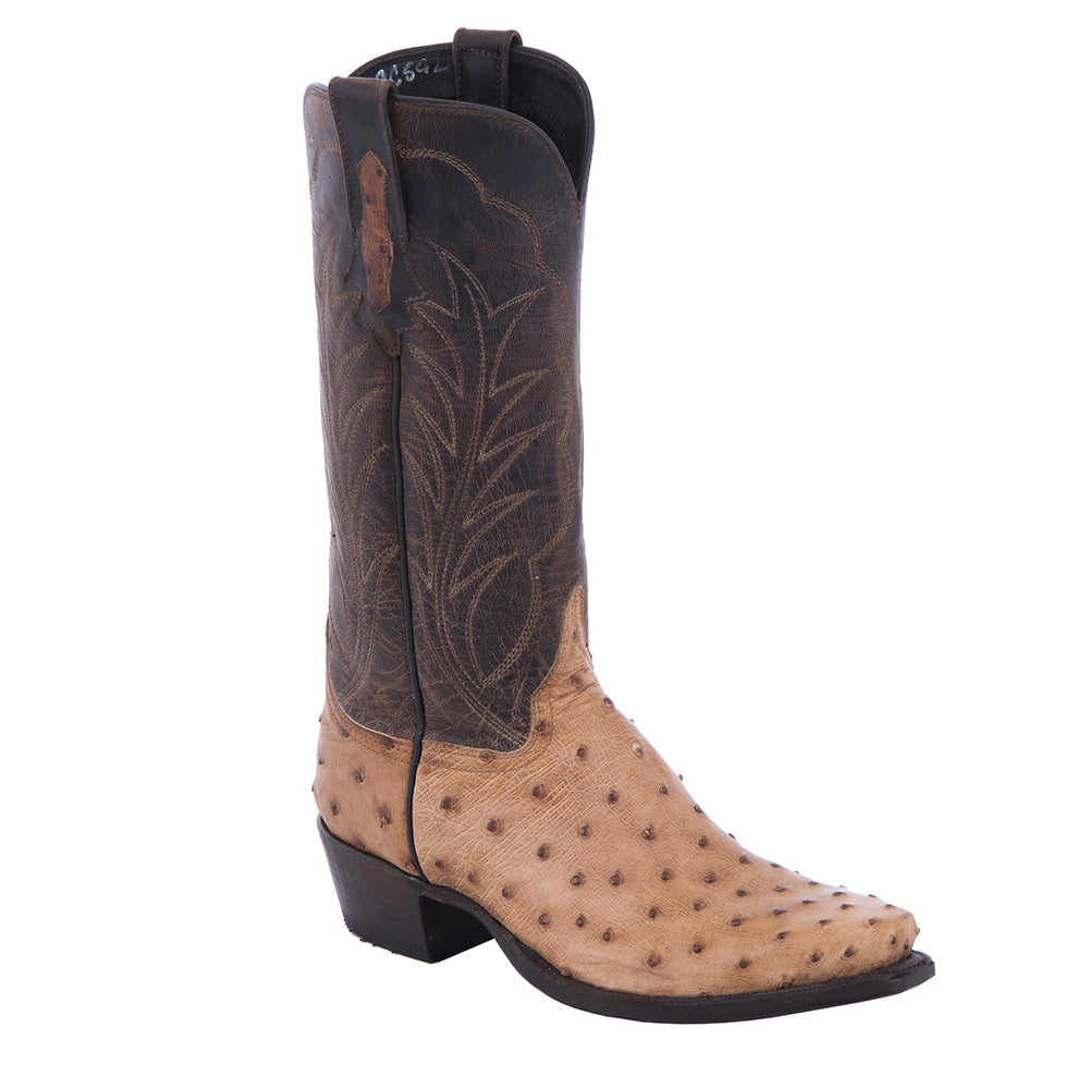 Ladies Cowboy 13" Cognac Burnished Ostrich/ Canella Goat with a Winn Stitch in Coyote
