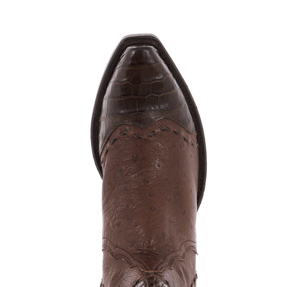 Ladies Shorty Smooth Kango CC Ostrich Nicotine Caiman Wingtip, Half, Collar Full Brown Buckstitch