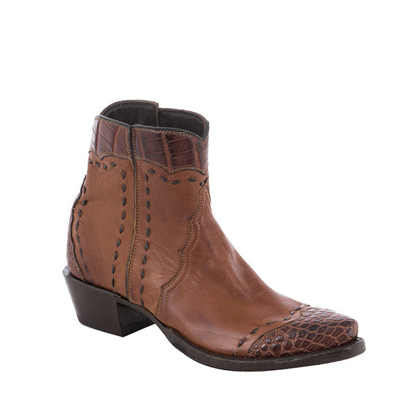 Ladies Shorty British Tan Aniline/Peanut Matte Gator Wingtip, Half, and Collar with Full Buckstitch