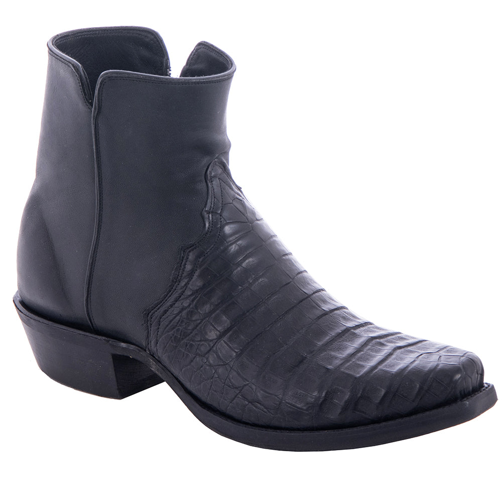 Men's Black Caiman Pull Up Black Goat Short Cowboy Boot
