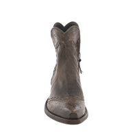 Ladies Short Tobac Goat Antique Brown Tooled Wingtip, Heel Fox, Collar Full Brown Buckstitch Boot