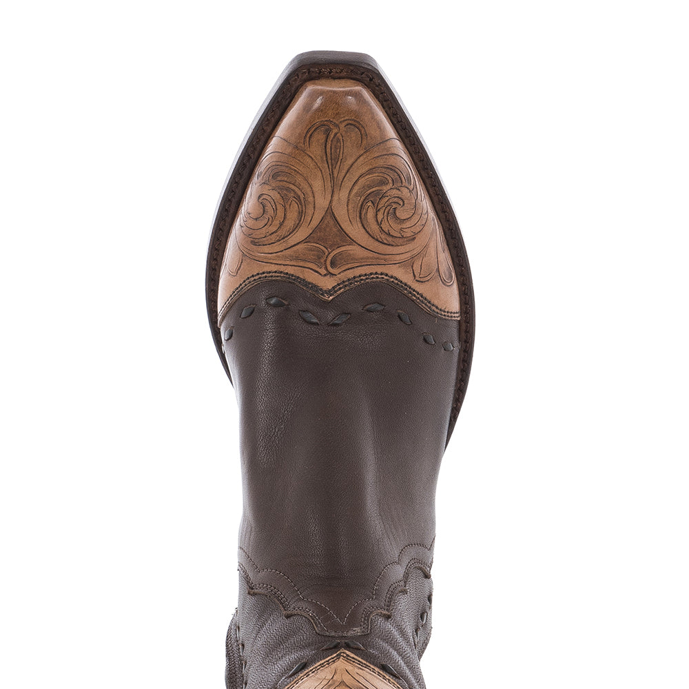 Ladies Shorty Brown Aniline Tooled Wingtip, Half Collar Full Brown Buckstitch