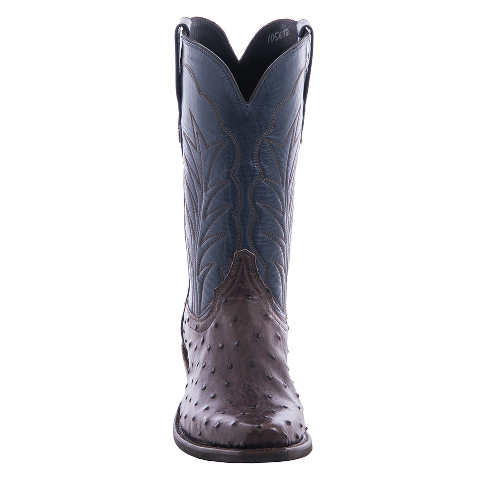 Men's 12" Nicotine Full Quill Ostrich Blue Kidskin Winn Cowboy Boot with Mini Vibram