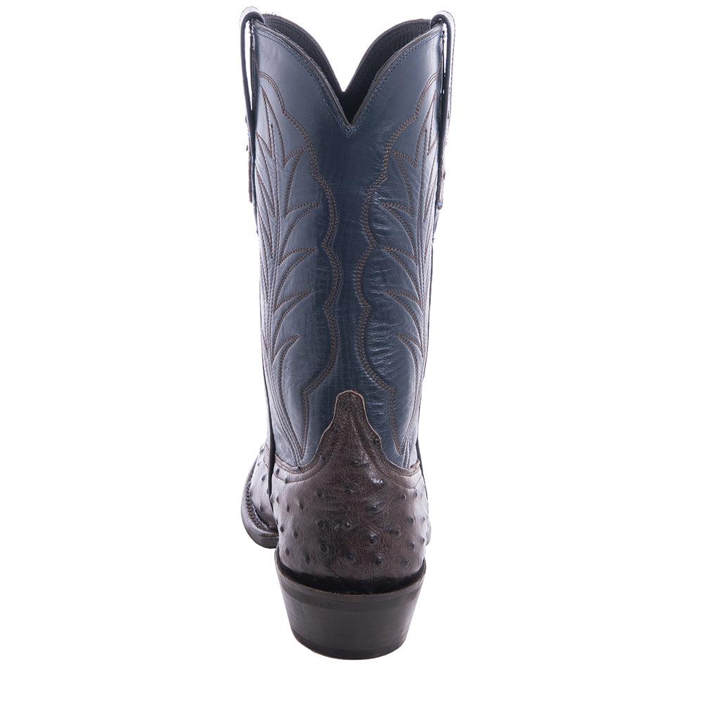 Men's 12" Nicotine Full Quill Ostrich Blue Kidskin Winn Cowboy Boot with Mini Vibram