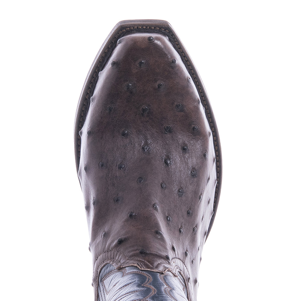 Men's 12" Nicotine Full Quill Ostrich Blue Kidskin Winn Cowboy Boot with Mini Vibram